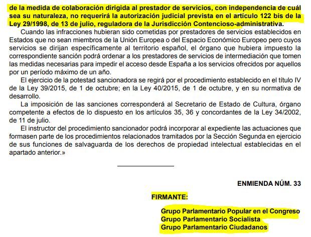 enmienda modificacion ley de propiedad intelectual ley sinde borrar webs sin proceso judicial