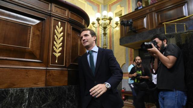 El presidente del PP, Pablo Casado, este miércoles en el Congreso.