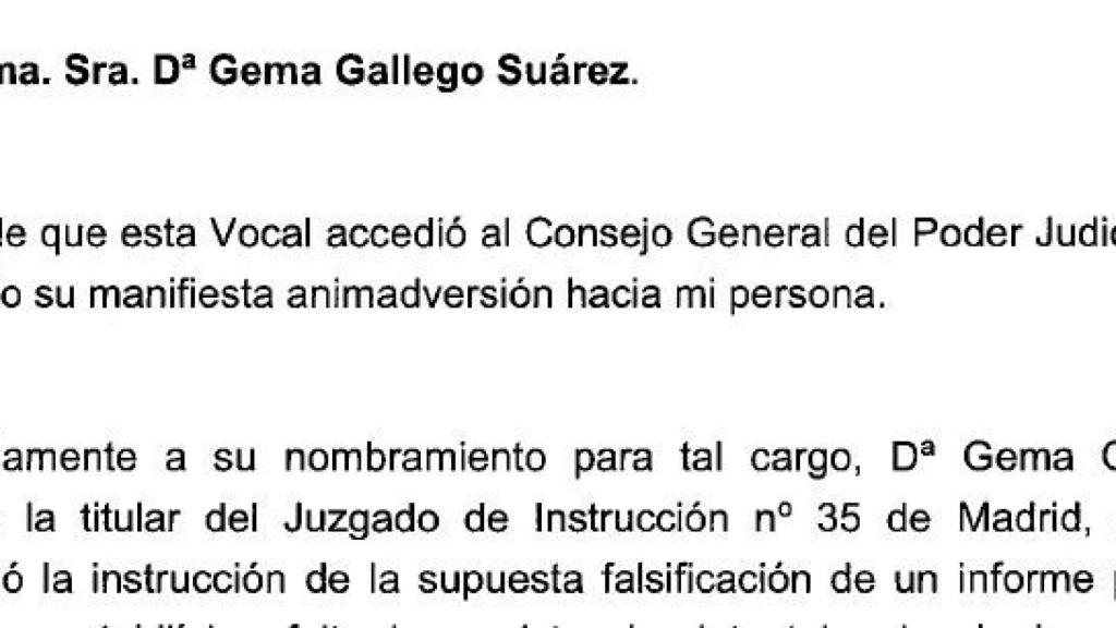 Escrito de Garzón contra Gemma Gallego cuando era vocal del CGPJ./