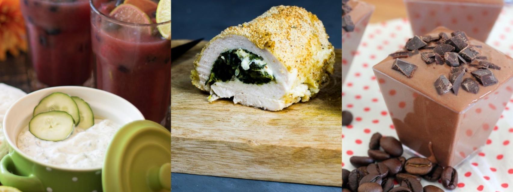 Tzatziki, pechuga de pollo rellena y crema de moca