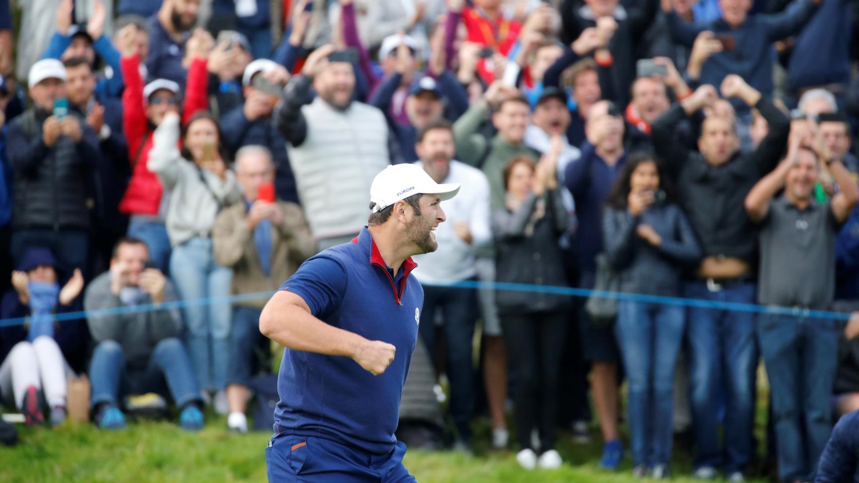 Jon Rahm celebra su birdie en la Ryder.