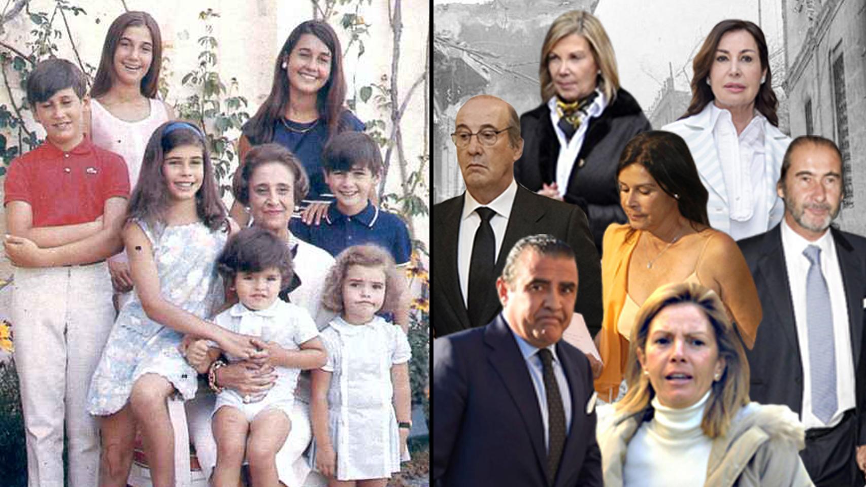 En la primera imagen, de izquierda a derecha y de arriba a abajo: Mariola, Carmen, Francis, Merry, su abuela Carmen Polo, Cristóbal, Jaime y Arantxa hace medio siglo. A la derecha, los nietos, en el mismo orden, ahora.