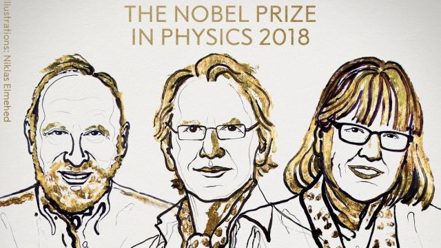 Arthur Ashkin, Gérard Mourou y Donna Strickland, Premios Nobel de Física 2018.