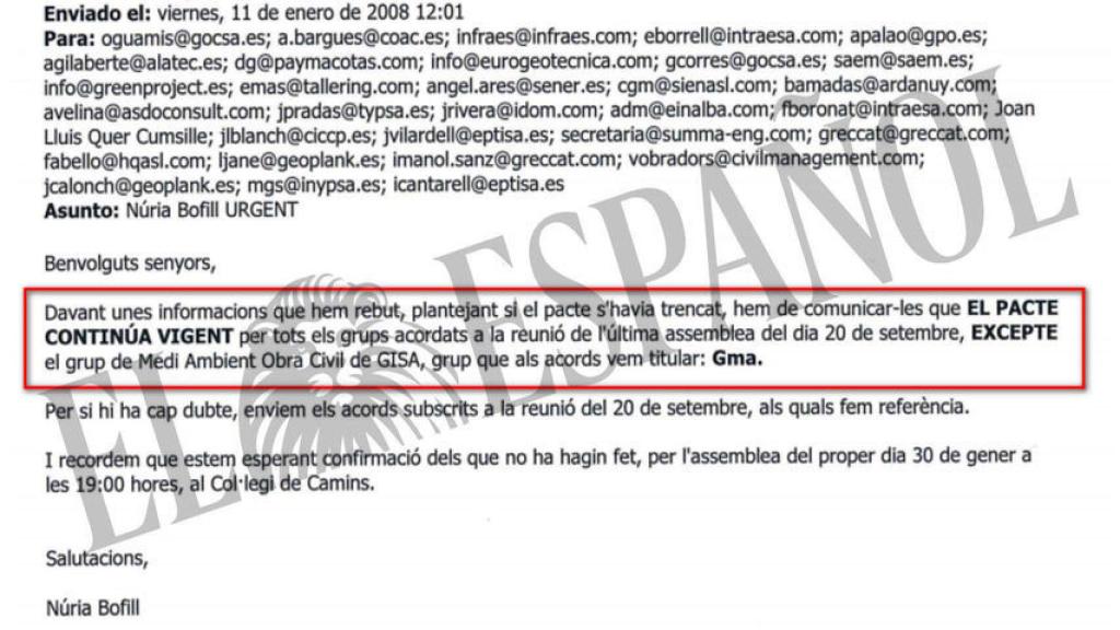 Uno de los correos que demuestra el acuerdo entre los socios participantes en el presunto cártel catalán.