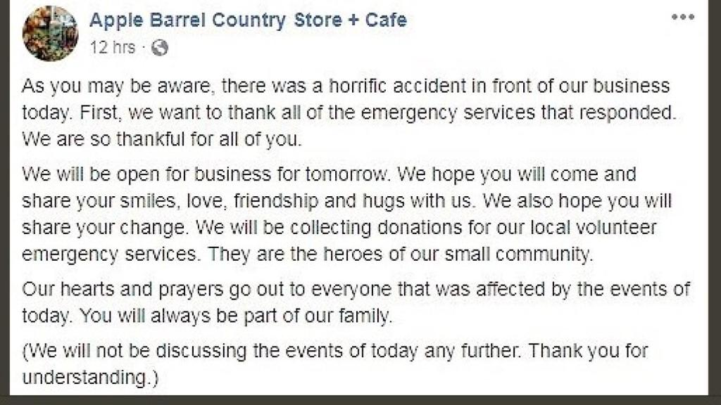 Mensaje en Facebook de Apple Barrel Store.