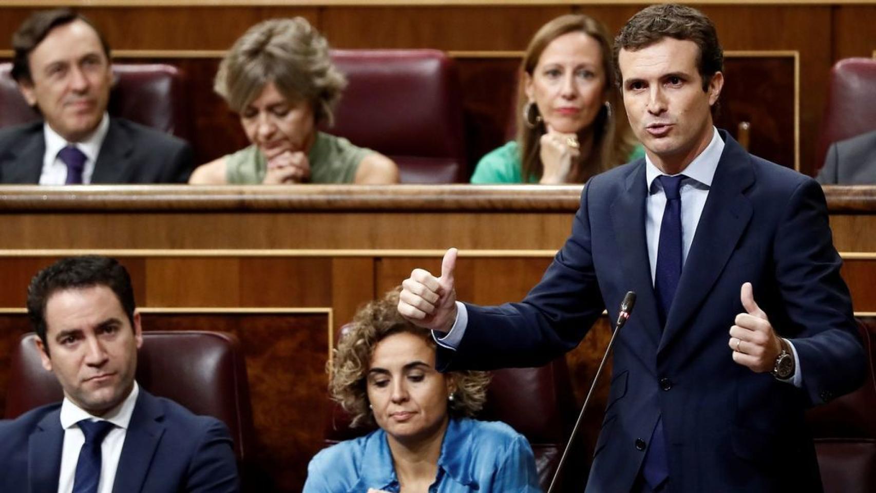 El presidente del PP, Pablo Casado, este miércoles en el Parlamento.