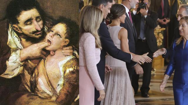 El lazarillo de Tormes, de Goya, y Pedro Sánchez durante la recepción de los Reyes del 12 de octubre.