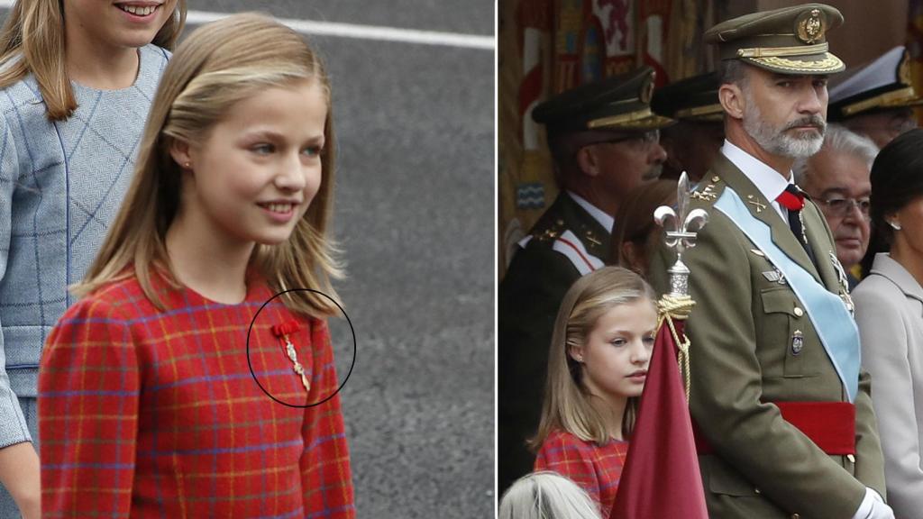 Leonor con el Toisón de Oro (izqda) y situado junto a su padre en la Tribuna Real (dcha).