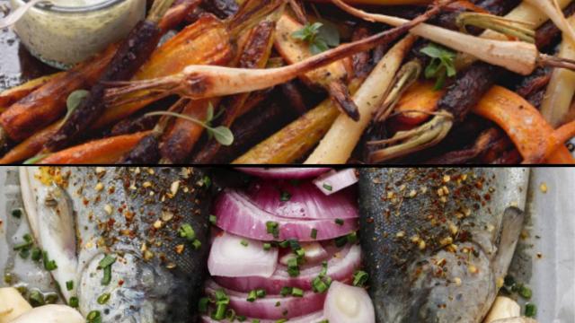 Verduras a la brasa vs trucha al horno.