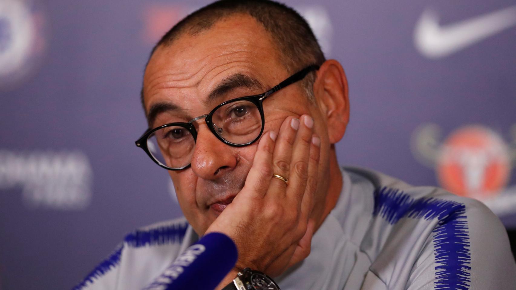 Maurizio Sarri, en rueda de prensa con el Chelsea