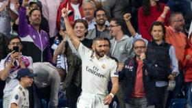 Karim Benzema celebra el primer gol de su equipo ante el Viktoria Pilsen