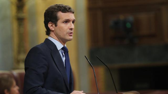 El presidente del PP, Pablo Casado, este miércoles en el Congreso.