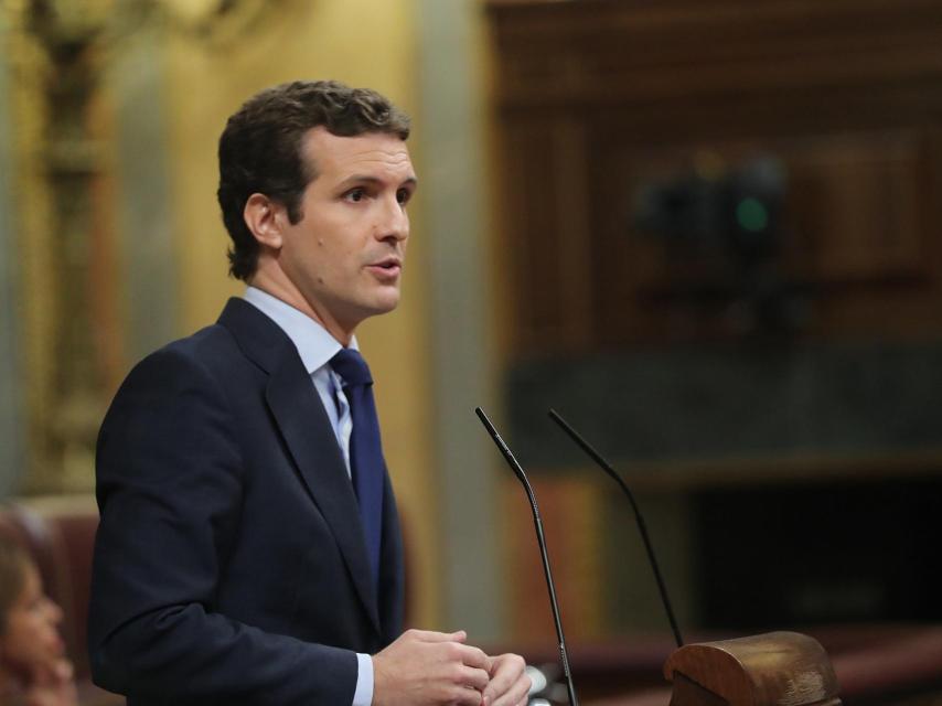 El presidente del PP, Pablo Casado, este miércoles en el Congreso.