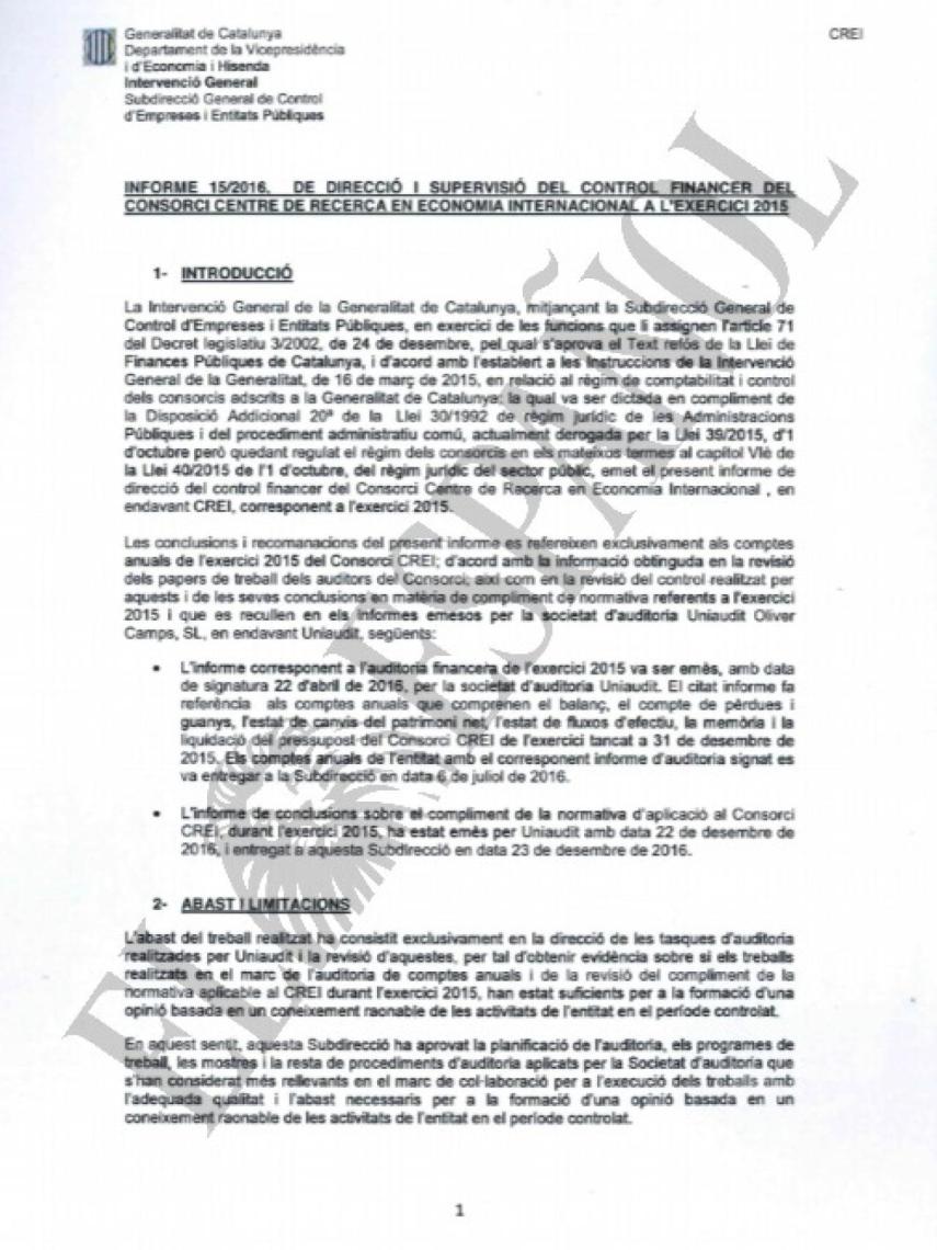 Primera página del borrador remitido a Oriol Junqueras.