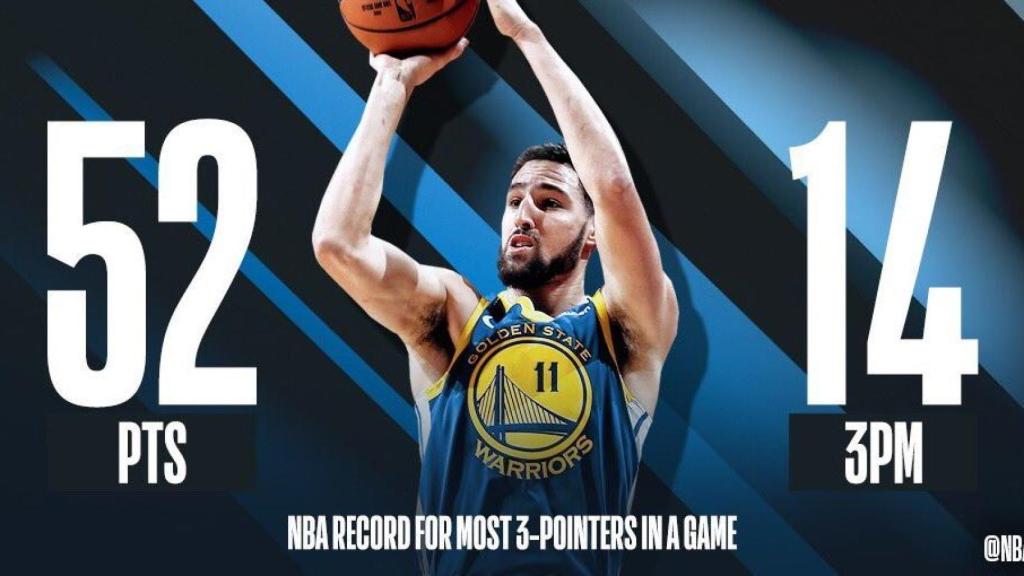 Klay Thompson, 14 triples en 27 minutos. Foto: Twitter: @nbastats