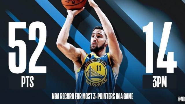 Klay Thompson, 14 triples en 27 minutos. Foto: Twitter: @nbastats