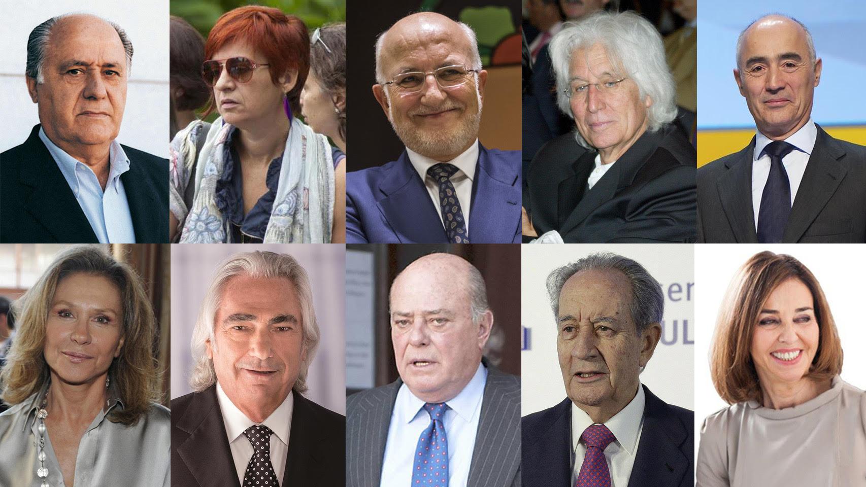 De izquierda a derecha y de arriba a bajo: Amancio Ortega, Sandra Ortega, Juan Roig, Miquel Fluxà, Rafael Del Pino, Alicia Koplowitz, Manuel Lao, Juan Alballó, Juan Miguel Villar Mir y Hortensia Redondo.