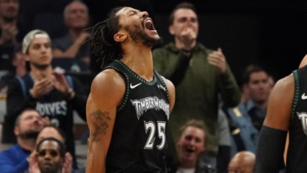 Derrick Rose celebra una canasta contra Utah Jazz. Foto: Twitter (@Timberwolves)