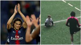 Cavani jugando con un niño sin piernas en el entrenamiento del PSG