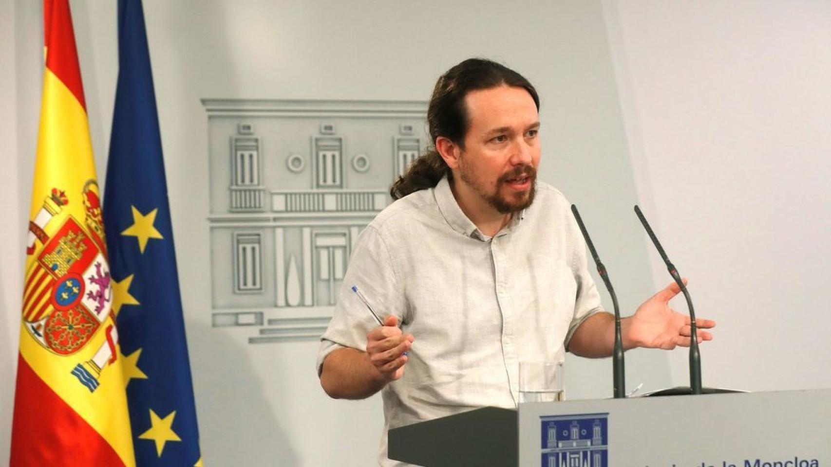 El secretario general de Podemos, Pablo Iglesias, durante una rueda de prensa en el Palacio de la Moncloa.