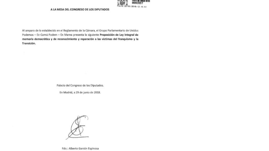 La Proposición de Ley, con su sello de registro de entrada en el Congreso.