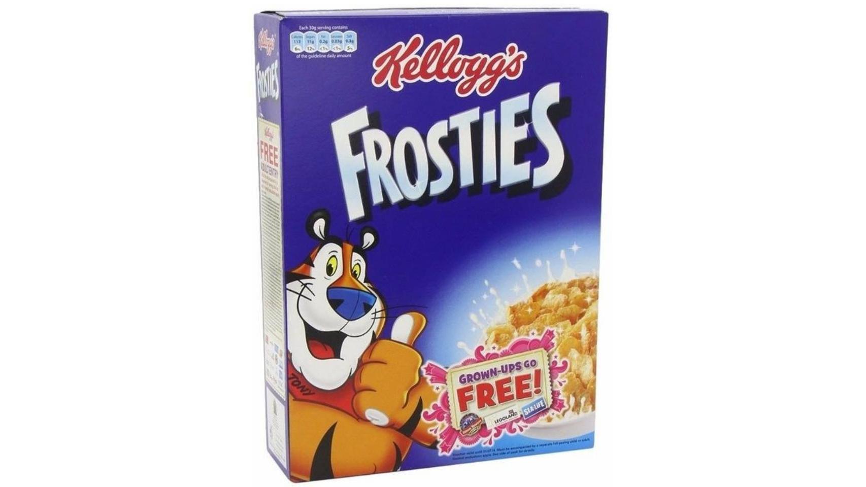 2. Frosties de Kellogg’s. Los populares copos de maíz tostados y azucarados de carismático tigre Tony y su bandana roja tienen hasta 41,3 gramos de azúcar por 100 gramos de producto