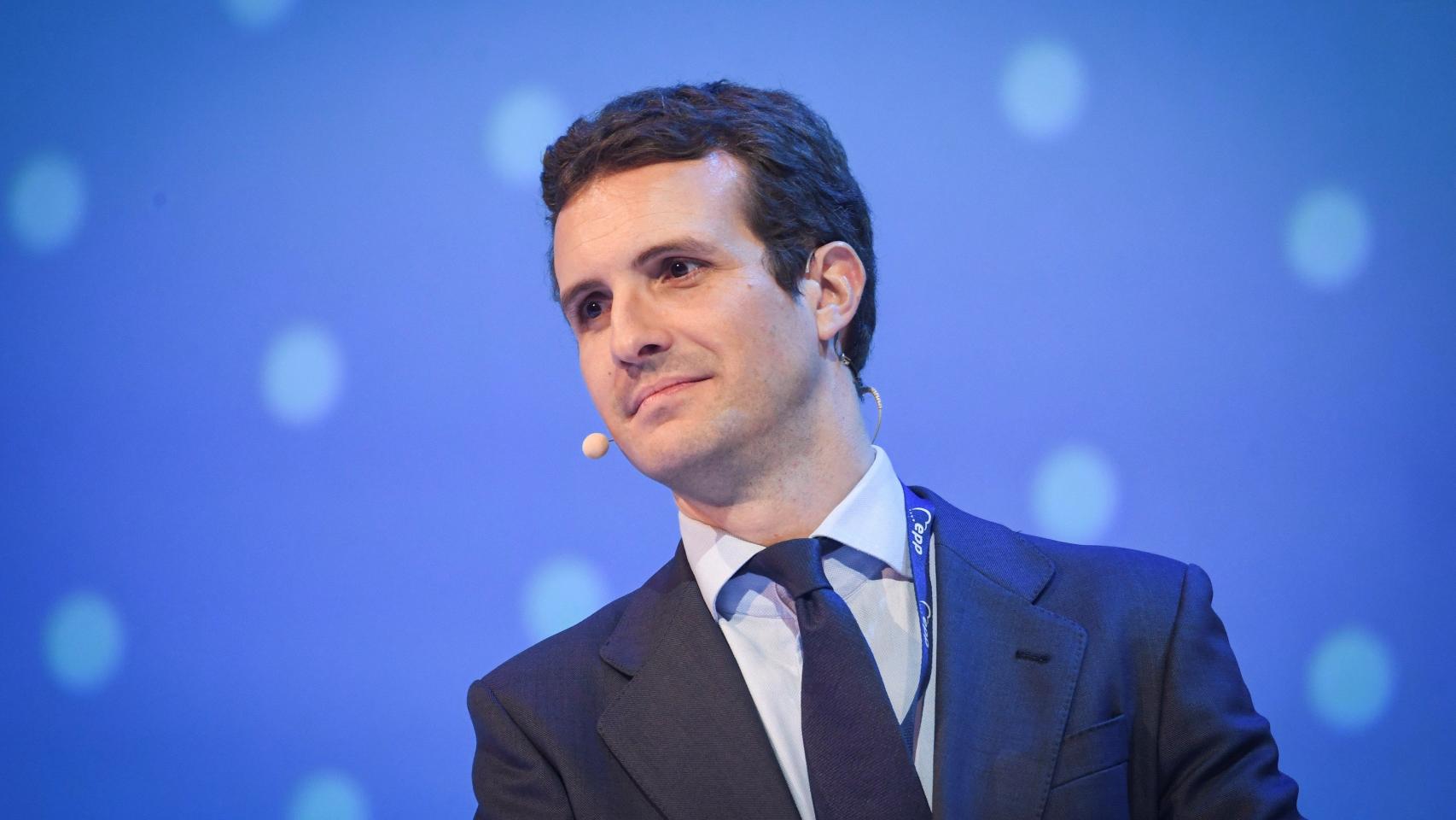 El líder del PP, Pablo Casado, durante su intervención en el congreso de Helsinki