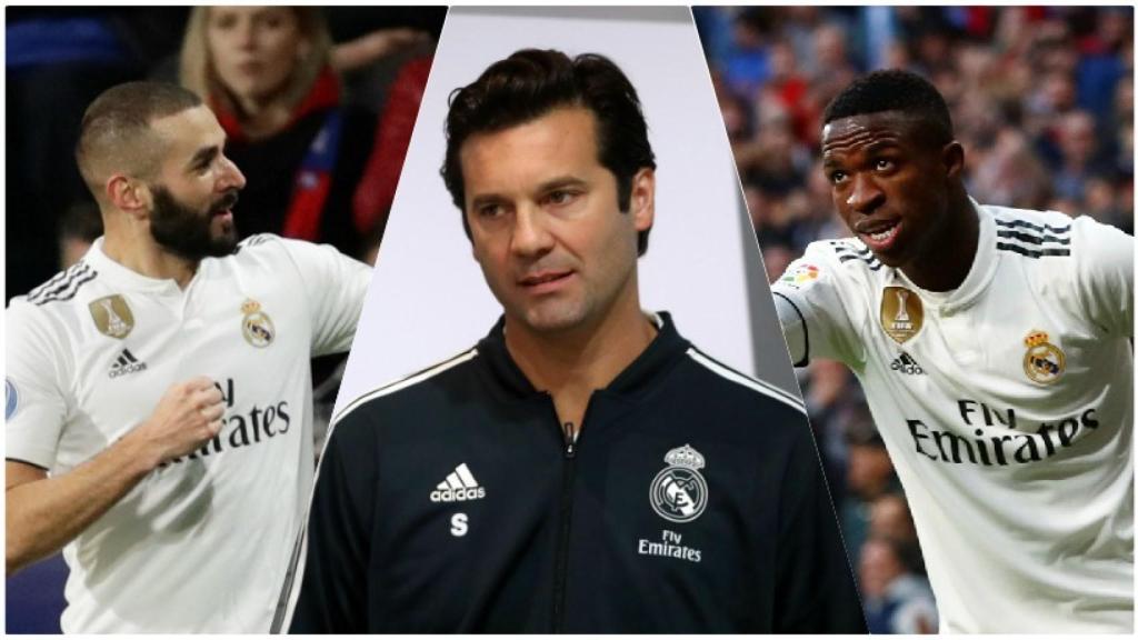 Benzema, Solari y Vinicius Júnior