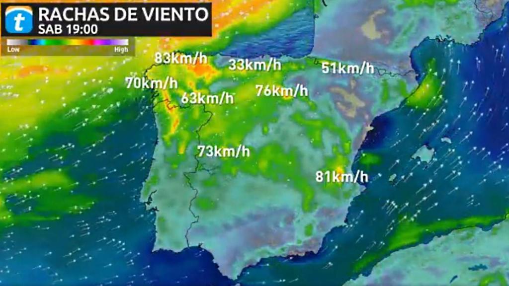 Previsión de la velocidad que pueden alcanzar las rachas de viento.