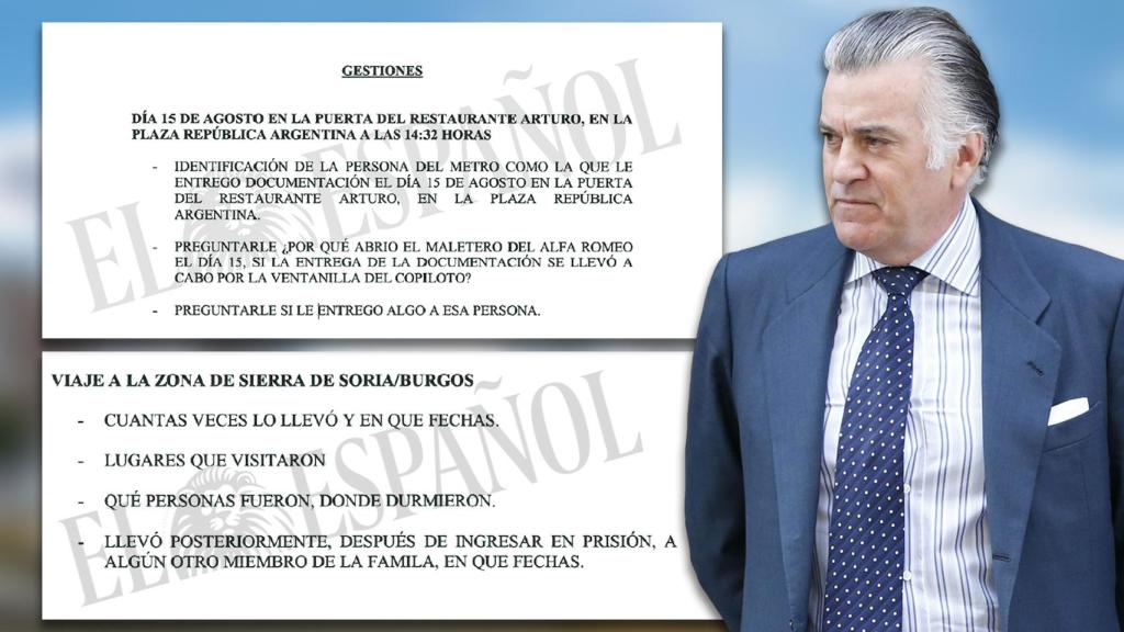 a la izquierda, varios de los documentos de la operación Kitchen.  A la derecha, Luis Bárcenas.