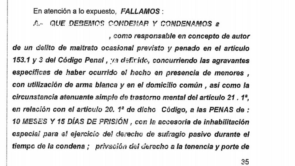 Extracto de la sentencia en la que se recoge la condenado del acusado.