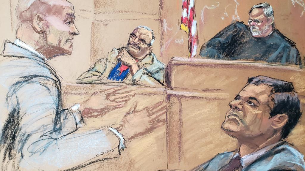 El 'Chapo' a la derecha del dibujo durante un momento del juicio
