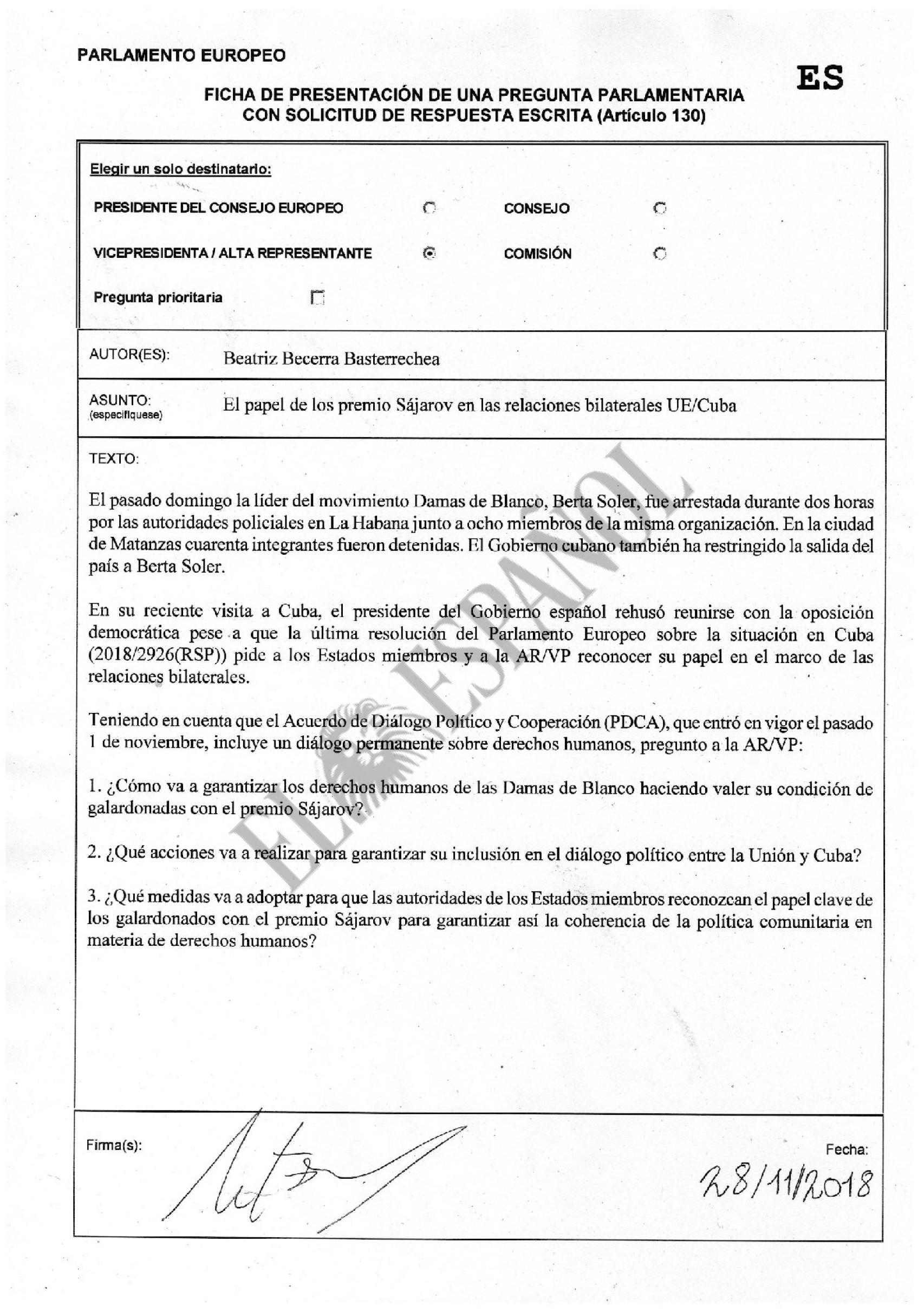 Carta dirigida por Beatriz Becerra a la Alta Representante de la UE, Federica Mogherini.