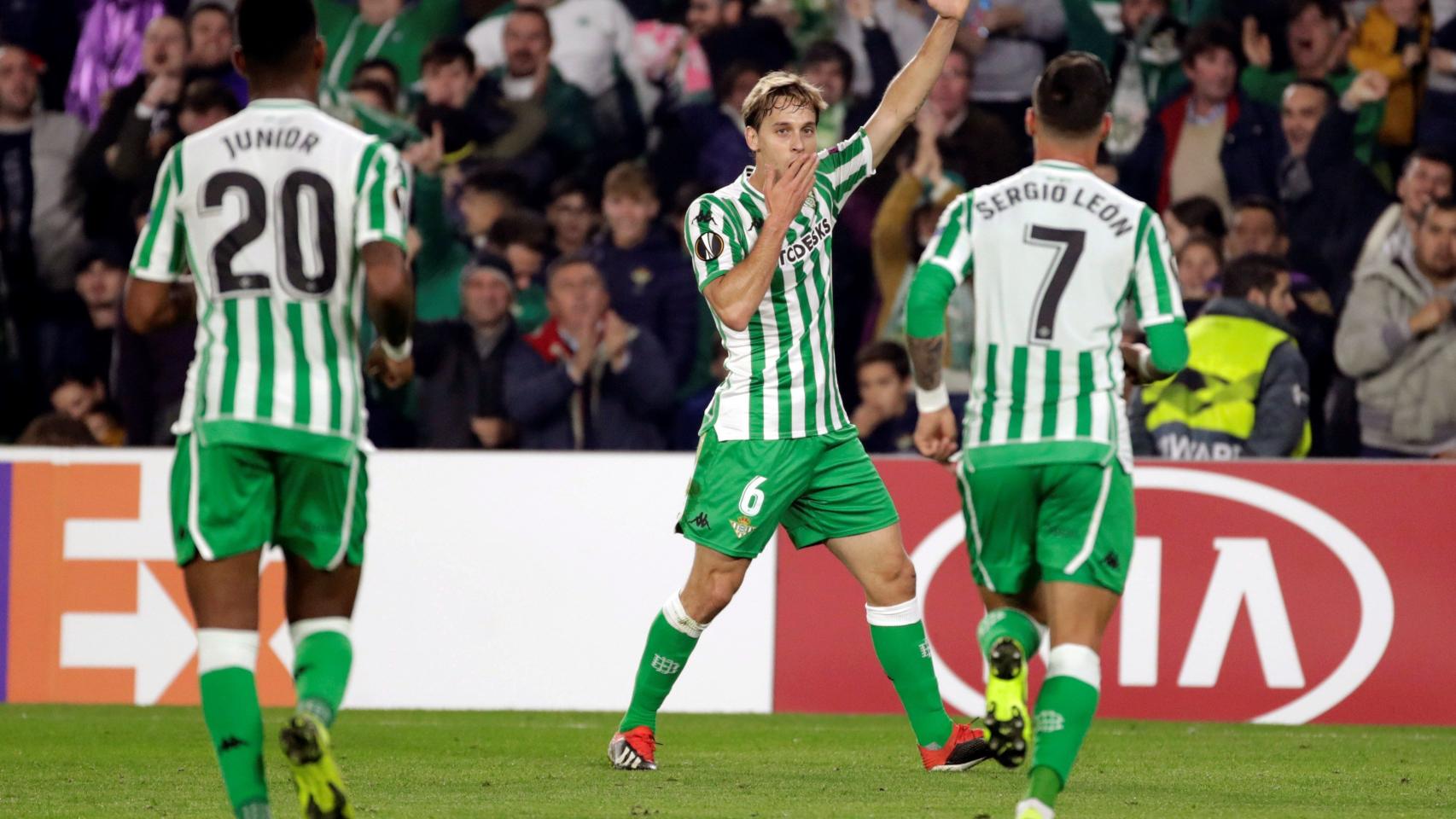 El Betis celebra el gol ante Olympiacos