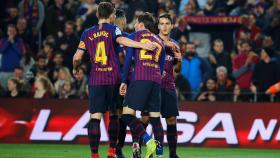 Los jugadores del Barcelona celebran un gol en el Camp Nou