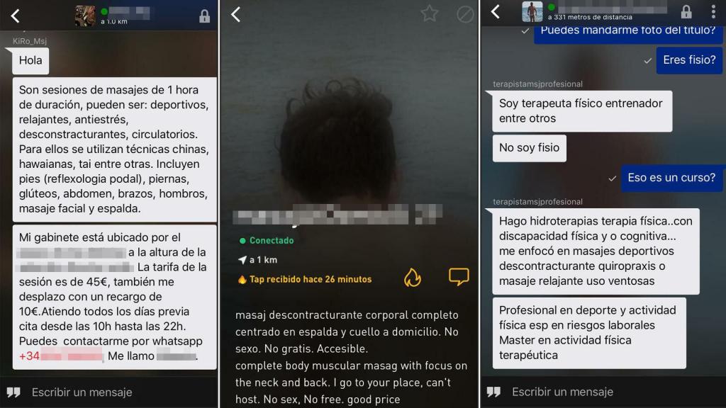 Perfiles y conversaciones con 'masajistas' en la app de contactos