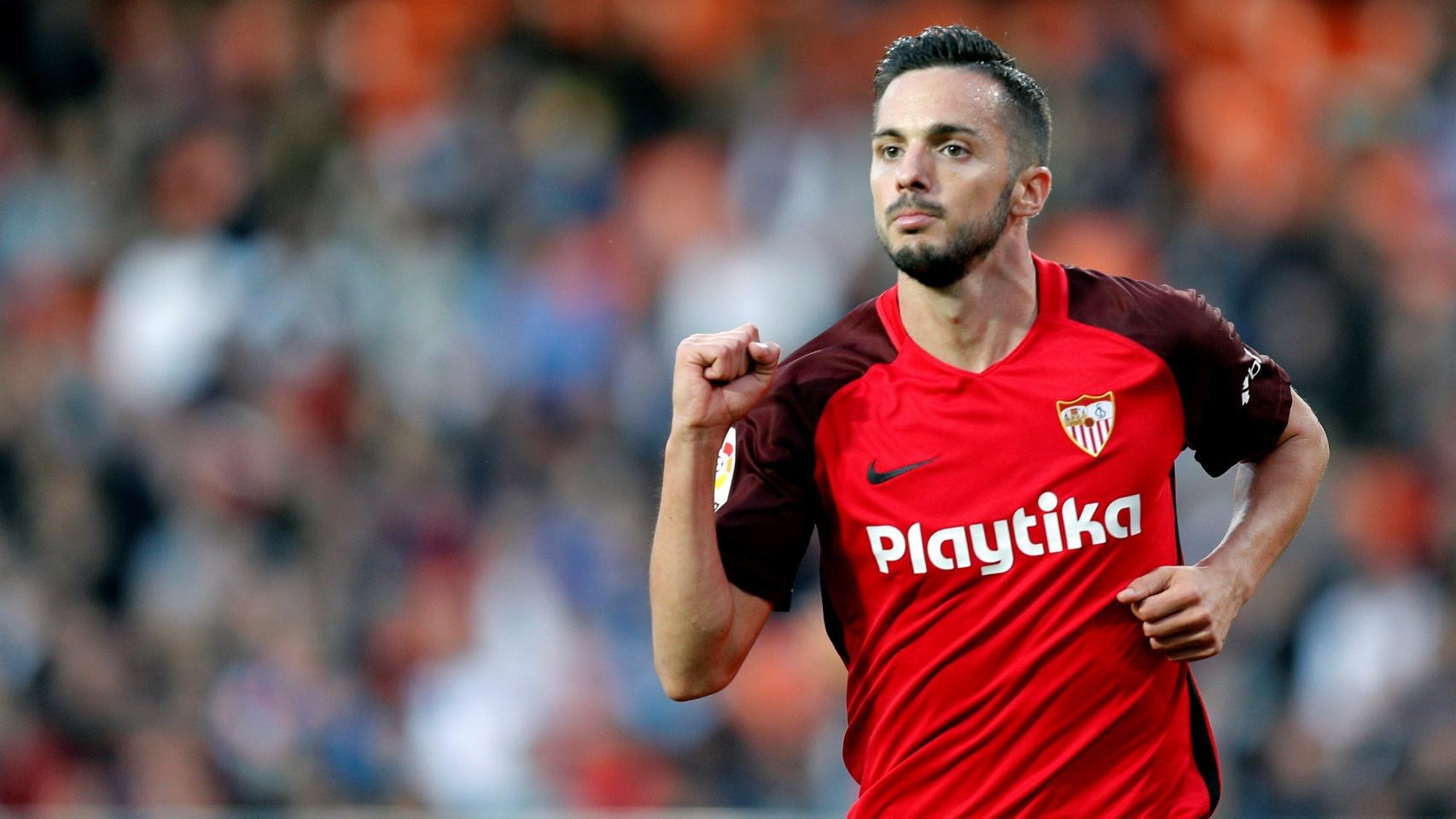 Sarabia celebra un gol con el Sevilla