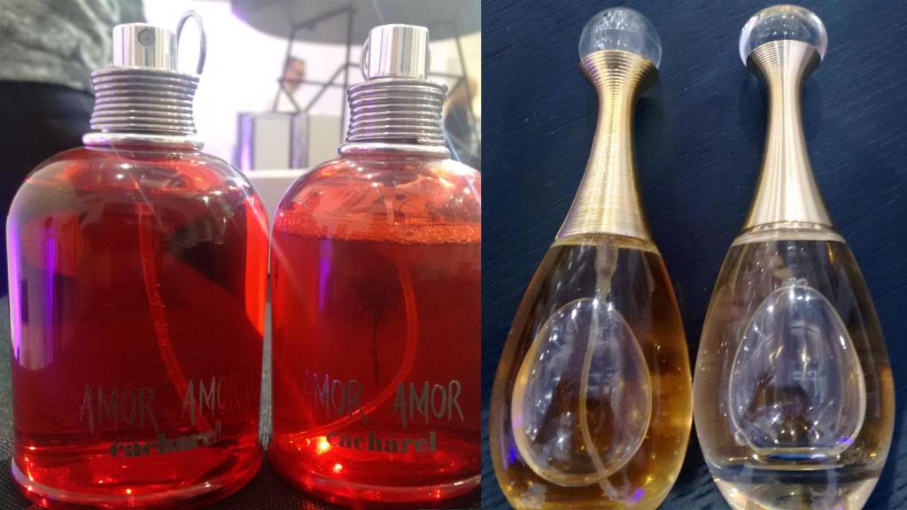 A la izquierda, el perfume falso, donde se ve la cánula; a la derecha, el verdadero, de otro color