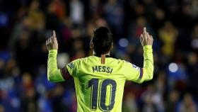 Messi celebrando un gol con el Barcelona