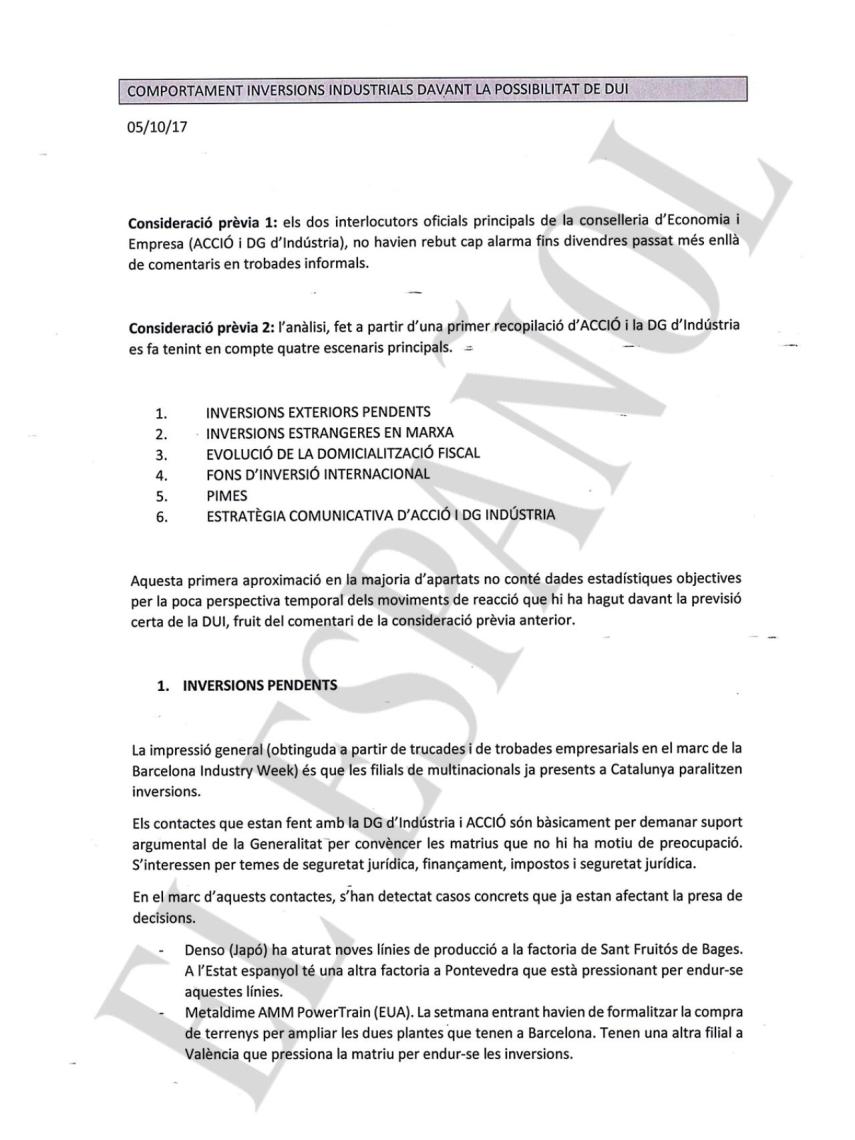 Primera página del informe enviado a Santi Vila.