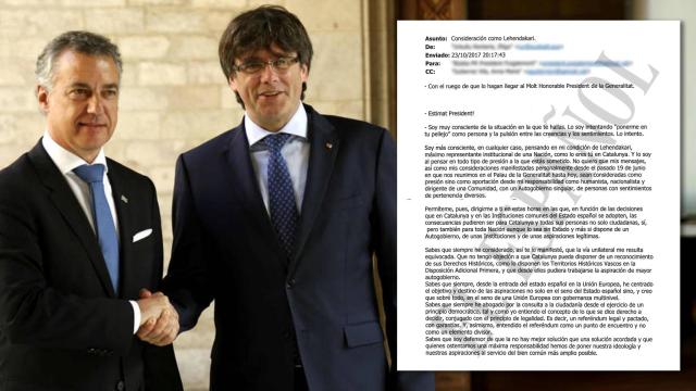 Los presidentes Iñigo Urkullu y Carles Puigdemont en una reunión. A la derecha, uno de los correos entre ambos.