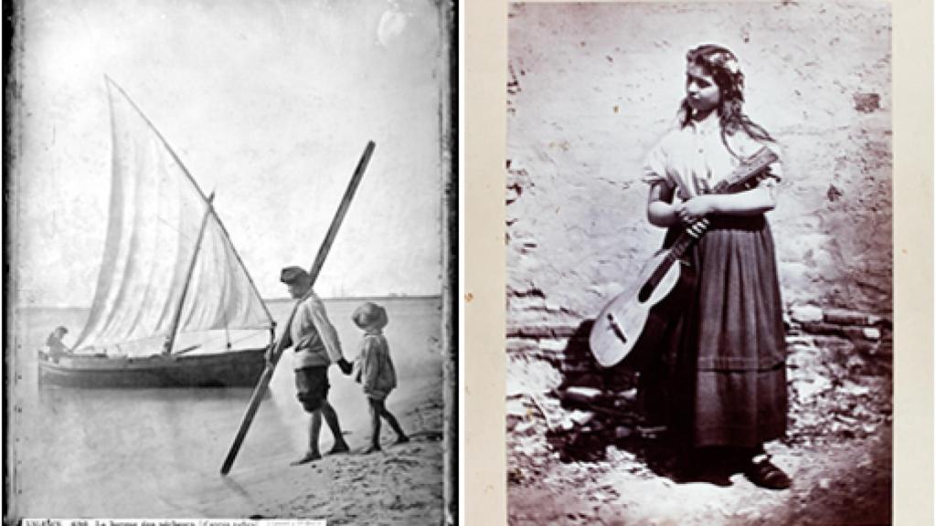 J. Laurent y Cía: Valence. La barque des pêchuers y, a la derecha, Mujer con guitarra a la puerta de su casa