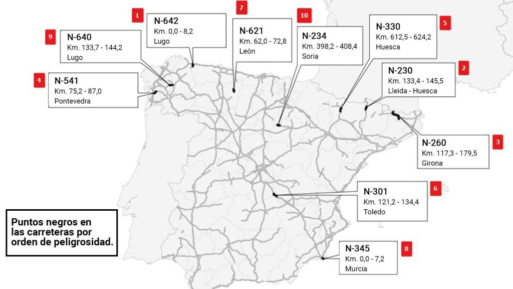 Los 10 puntos negros de las carreteras españolas.