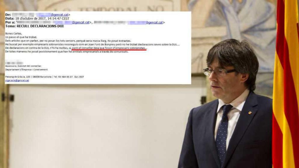 A la derecha, el expresidente catalán Carles Puigdemont. A la izquierda, un correo de la Conselleria de Empresa.