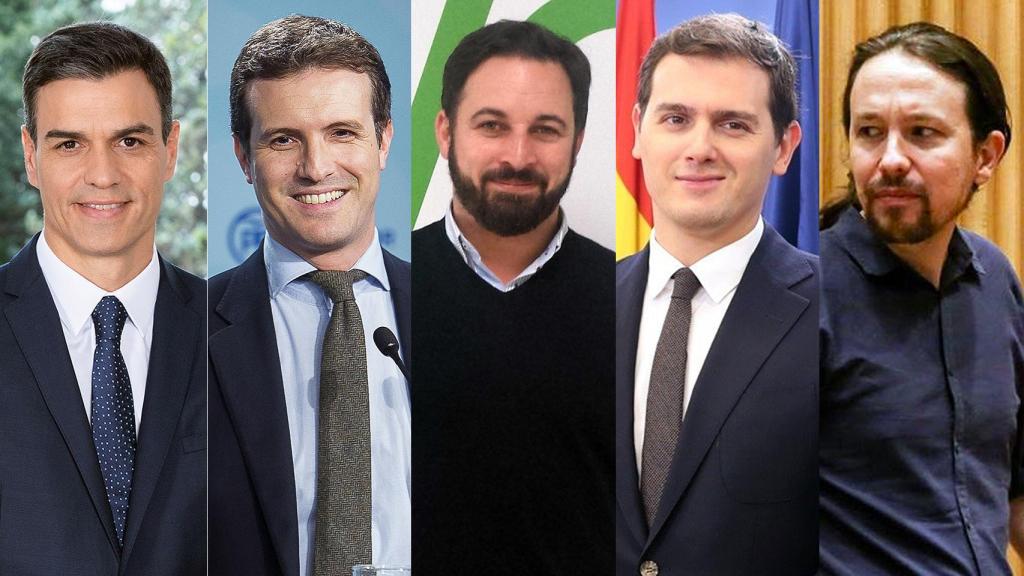 Los candidatos de los cinco grandes partidos: Sánchez, Casado, Abascal, Rivera e Iglesias.