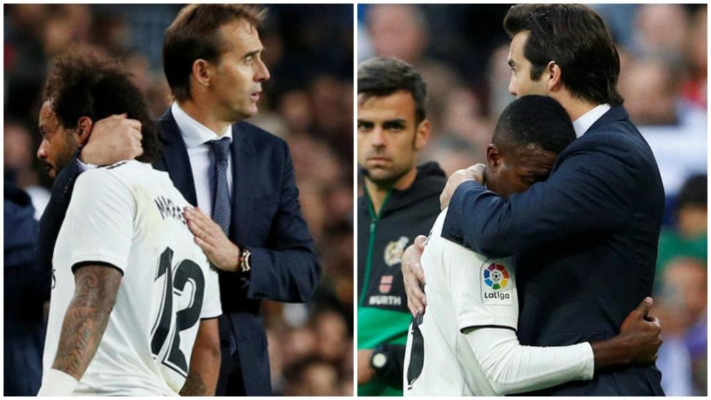 Lopetegui con Marcelo y Solari con Vinicius