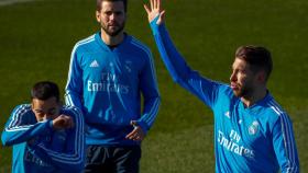 Sergio Ramos, Nacho y Lucas Vazquez en el entrenamiento de este martes.