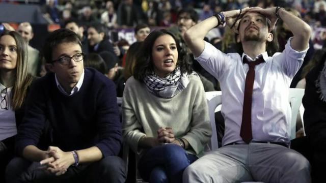 Íñigo Errejón, Irene Montero y Pablo Iglesias, durante la celebración de Vistalegre II.