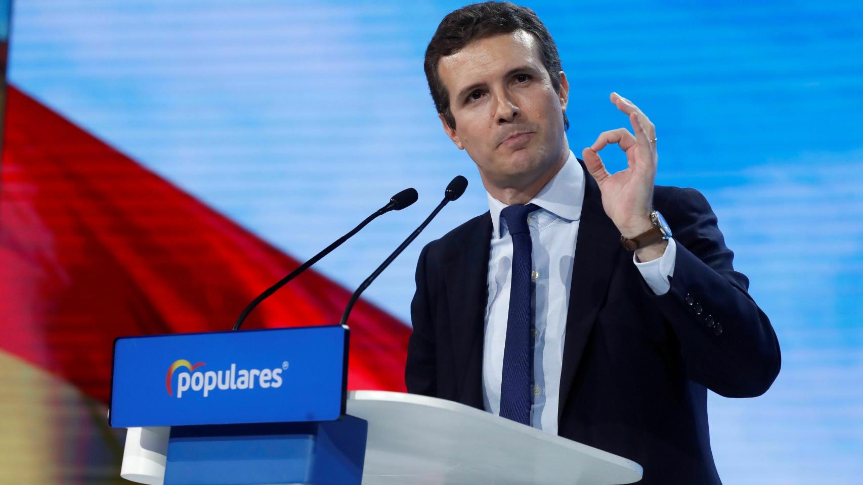 El presidente del PP, Pablo Casado. interviene en la clausura de la Convención Nacional del Partido Popular.