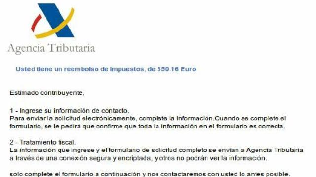 Contenido del correo 'estafa' que suplanta a la Agencia Tributaria